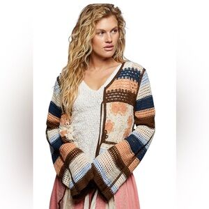 POL Crochet V-Neck Knit Cardigan Long Bell Sleeve Cardigan